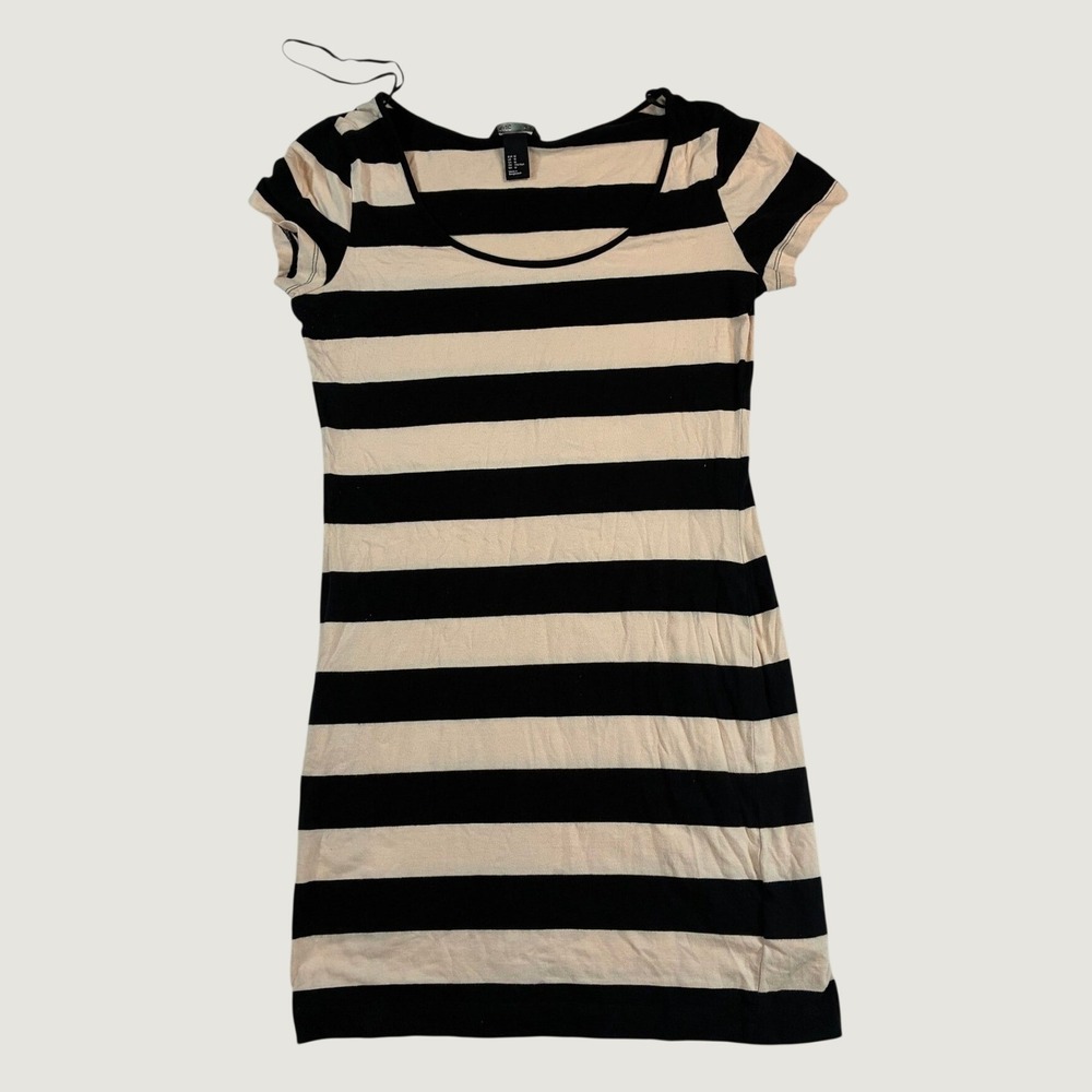 H&M Women's Basic T-Shirt Dress Medium Beige Black Striped Short Sleeve Scoop Q9